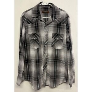 Roper Mens Grey Black Plaid Western Snap Button Shirt Metallic Accents M